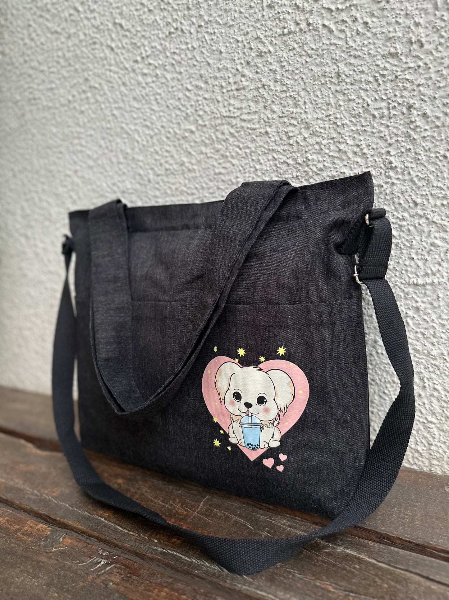 Crossbody|long strap Horizontal tote bags| Jeans black dog design