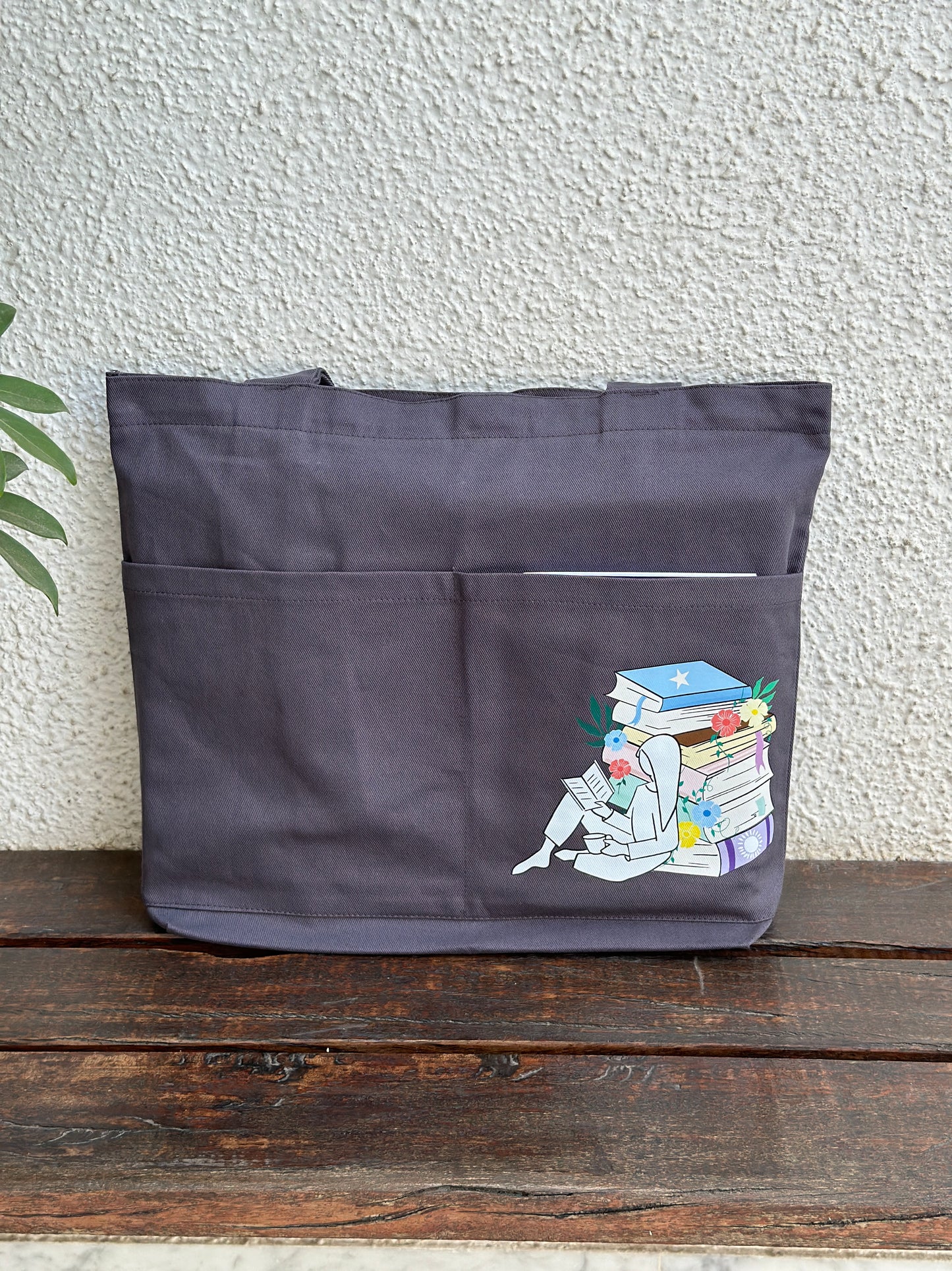 Grey Library Tote bag| Horizontal| Twill Cotton
