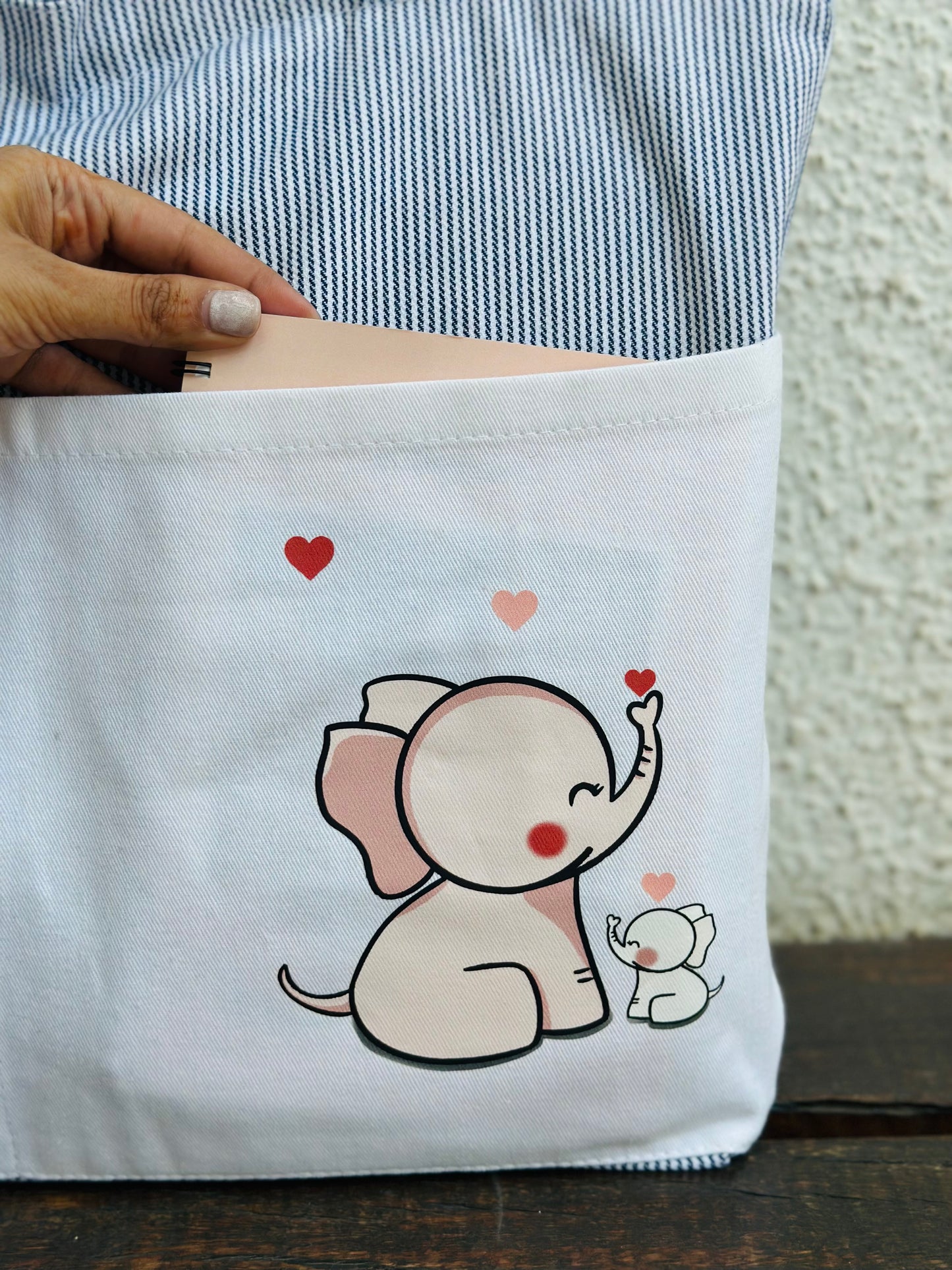 Elephant White Tote bag | Horizontal| Twill Cotton