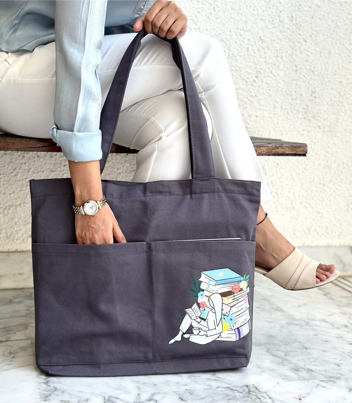 Grey Library Tote bag| Horizontal| Twill Cotton