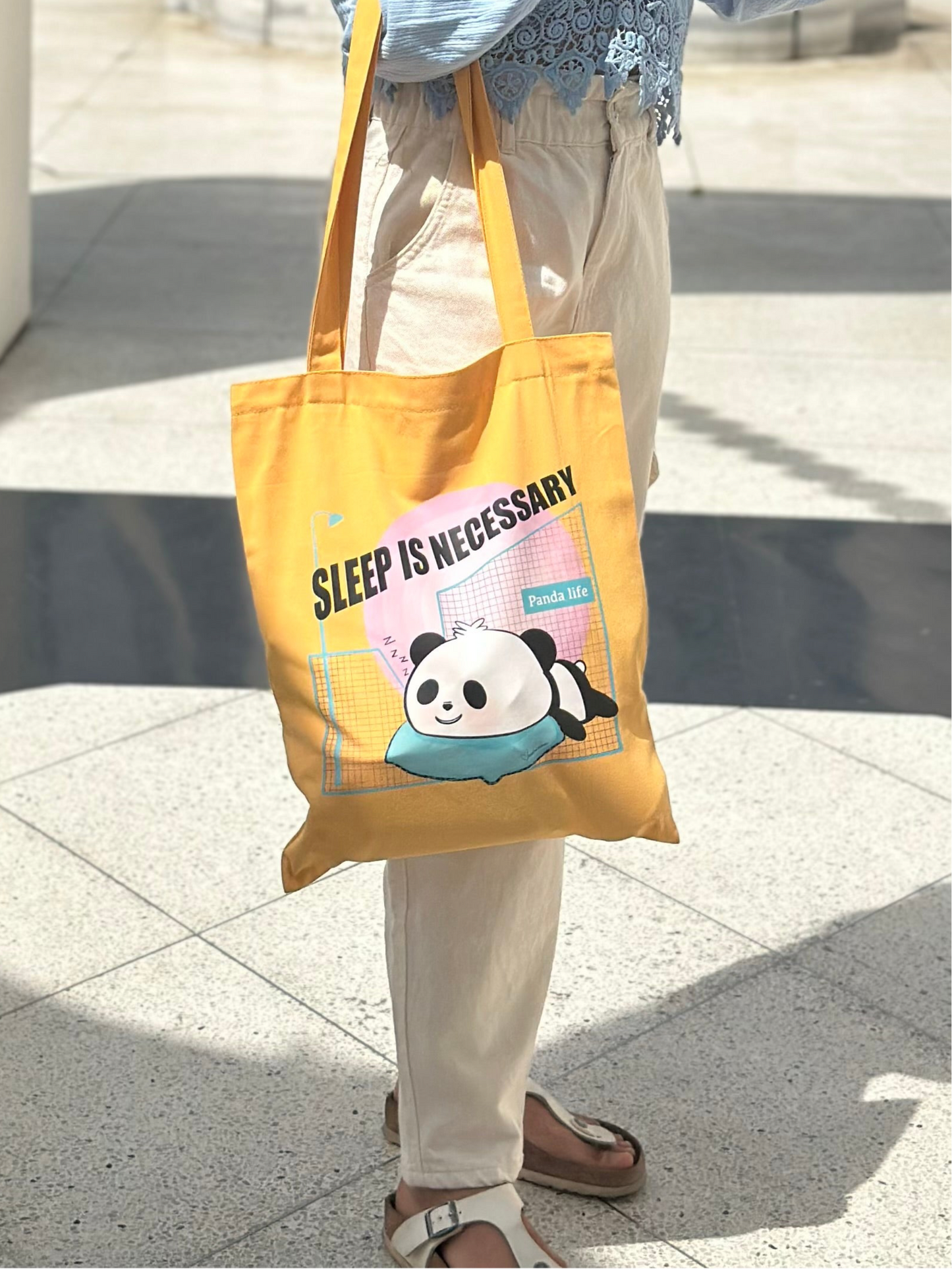 Sleeping Panda vertical Tote bag | Yellow| Twill Cotton