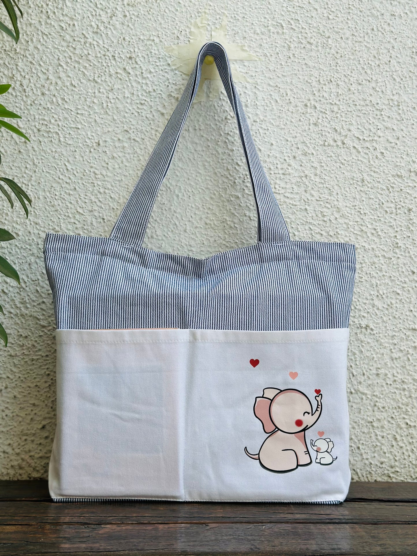 Elephant White Tote bag | Horizontal| Twill Cotton
