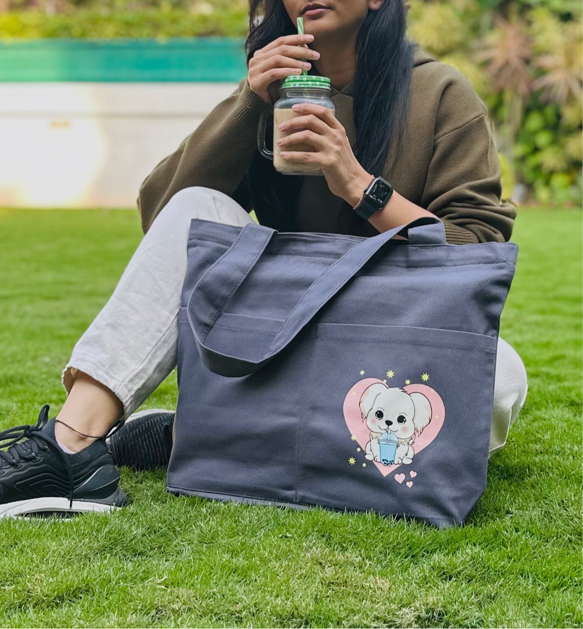 Grey Dog Tote bag| Horizontal| Twill Cotton