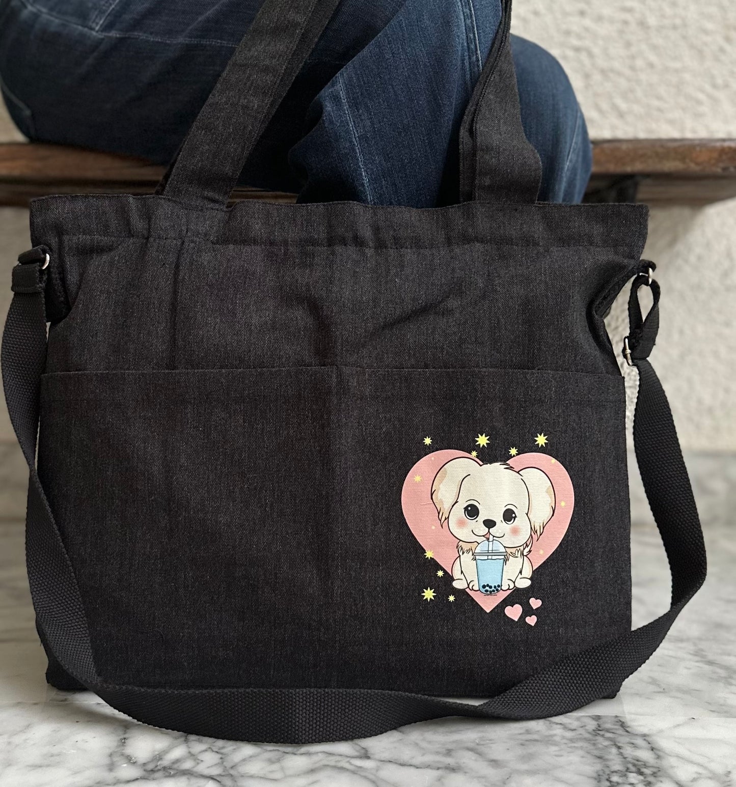 Crossbody|long strap Horizontal tote bags| Jeans black dog design