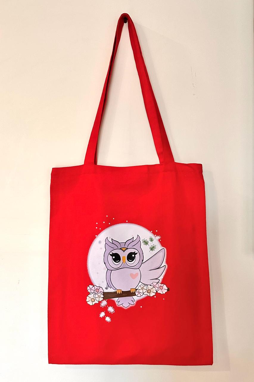 Vertical Owl Tote bag | Red| Twill Cotton