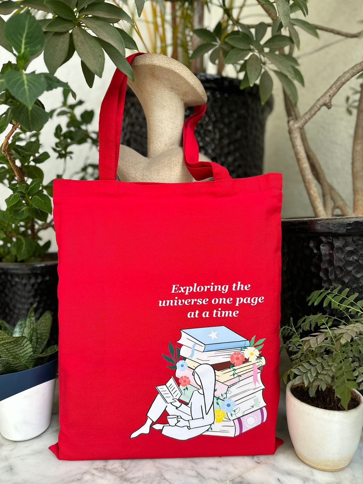 Vertical Library Tote bag |Red| Twill Cotton