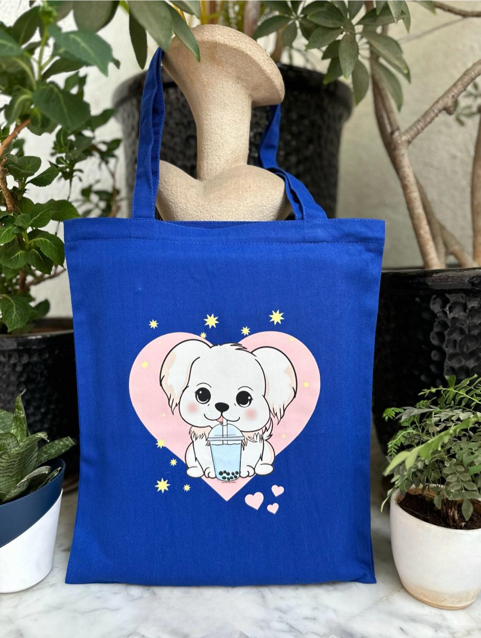 Blue vertical Cute Dog Tote Bag| Twill Cotton