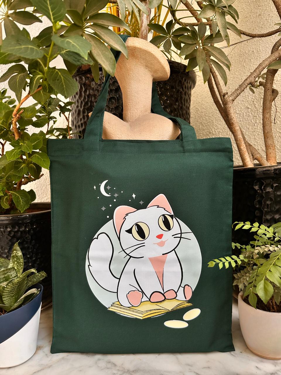 Vertical Kitty Tote Bag | Dark Green| Twill Cotton