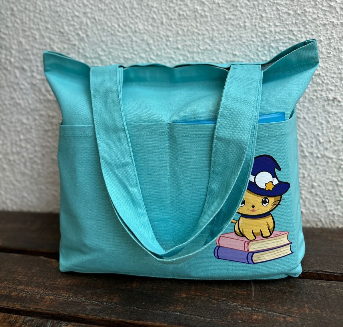Horizontal: Magic cat baby blue |Tote bag | Cotton Canvas