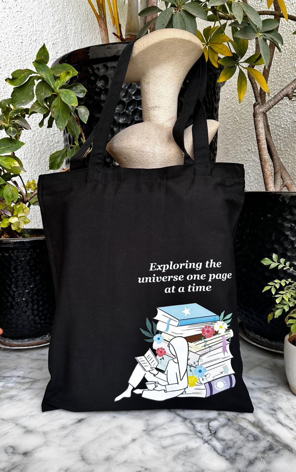 Library Black Tote bag | Vertical bag| Twill Cotton