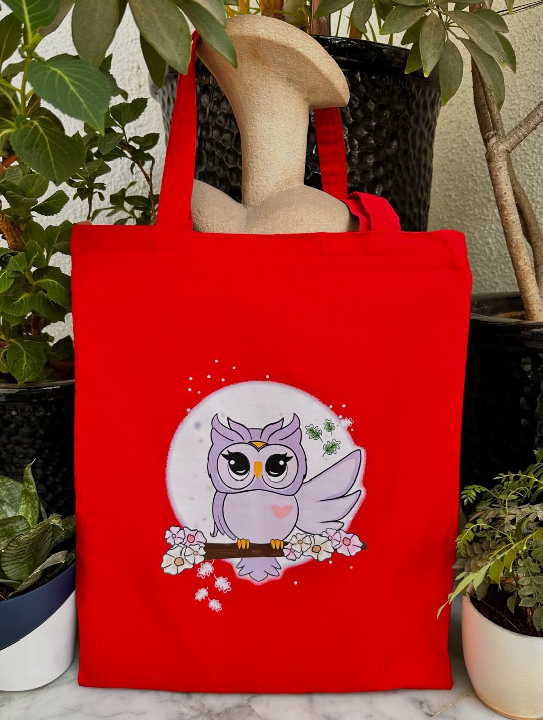 Vertical Owl Tote bag | Red| Twill Cotton