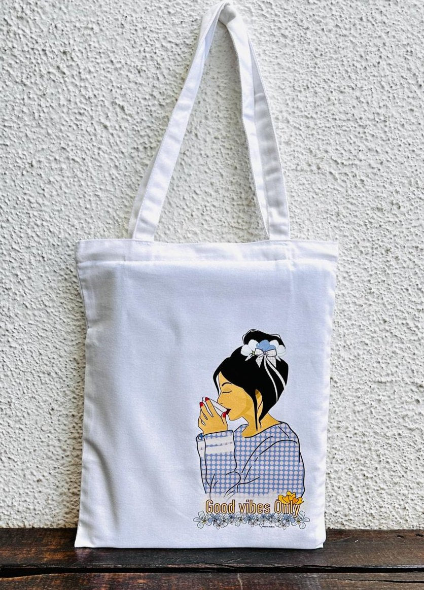 Vertical Good Vibes only Tote Bag| Twill Cotton