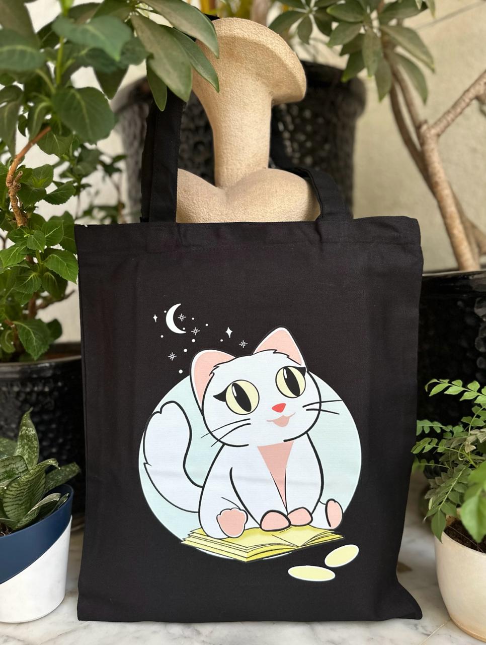 Vertical Kitty Tote Bag | Black| Twill Cotton