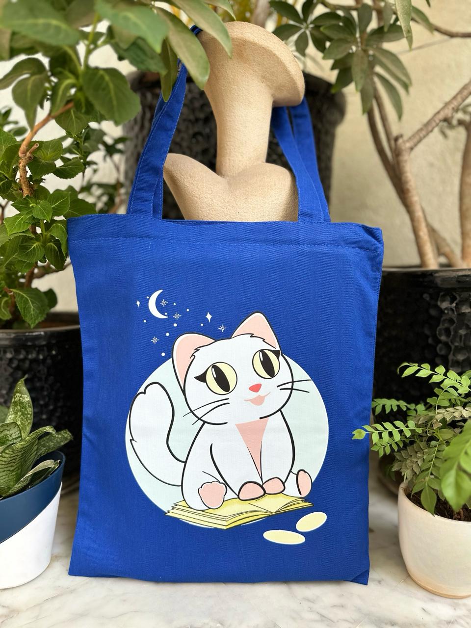 Vertical Royal blue Kitty Tote Bag| Twill Cotton