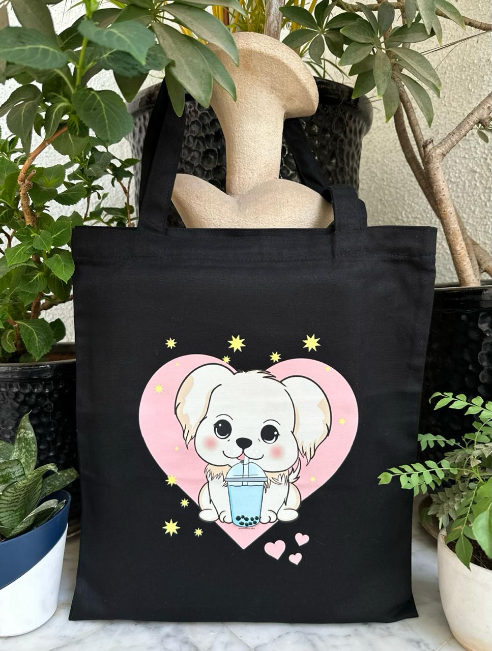 Black Cute Dog Vertical Tote Bag| Twill Cotton