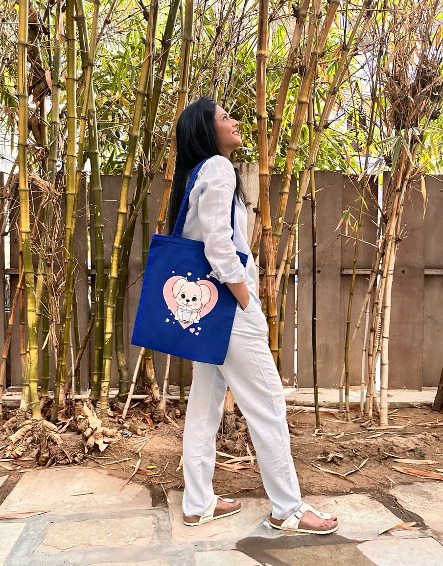 Blue vertical Cute Dog Tote Bag| Twill Cotton
