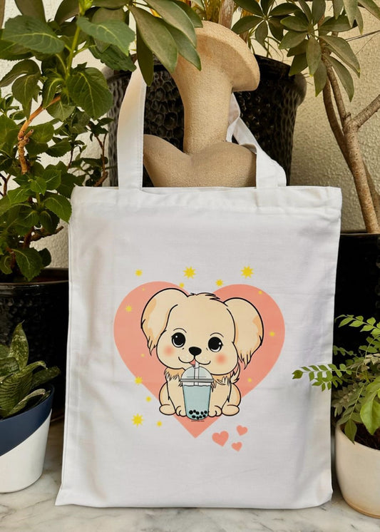 Vertical White Cute Dog Tote Bag | White| Twill Cotton