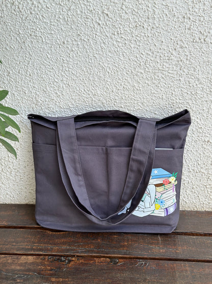 Grey Library Tote bag| Horizontal