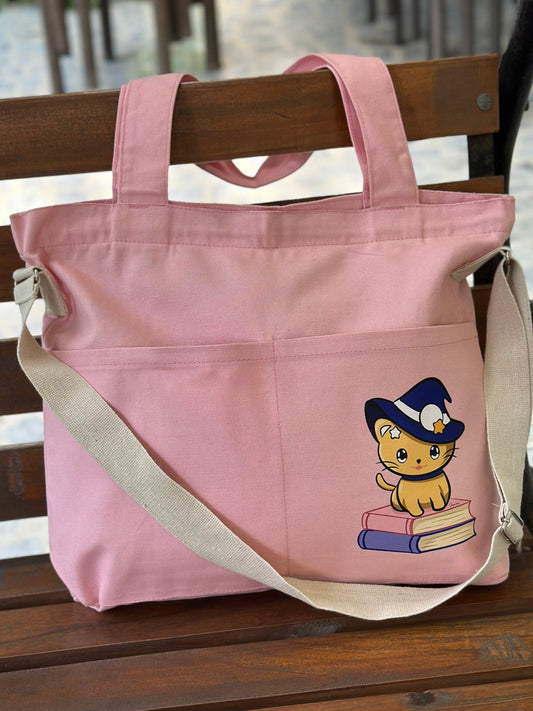 Cat | Light pink | Crossbody Horizontal tote bag | Cotton Canvas