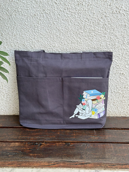 Grey Library Tote bag| Horizontal