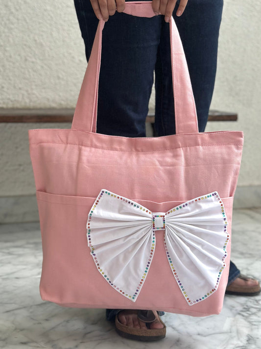 Big bow pink blue Horizontal Tote bag | Cotton Canvas