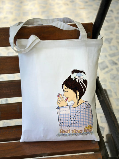 Good Vibes only vertical Tote Bag| Twill Cotton