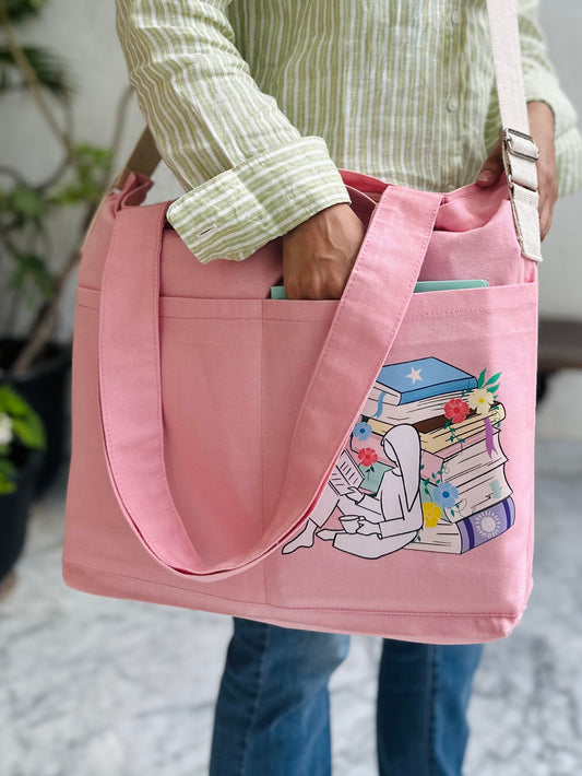 Light pink | Crossbody Library Horizontal tote bag | Cotton Canvas