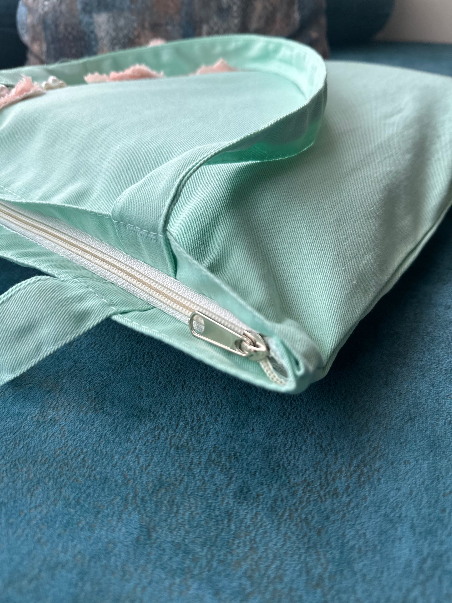 Pink bow vertical | sea green tote bag| Twill Cotton