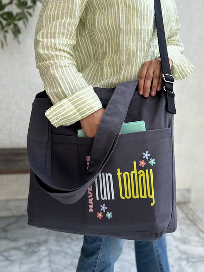 Crossbody long strap Horizontal tote bags| Grey- have some fun