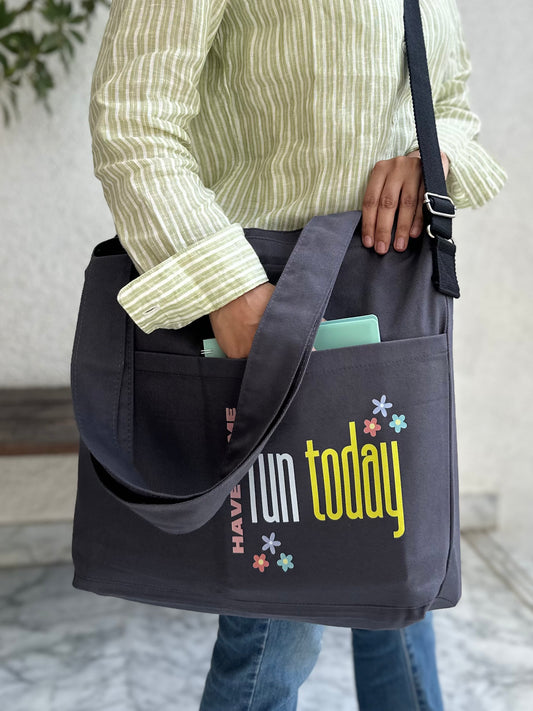Crossbody long strap Horizontal tote bags| Grey- have some fun
