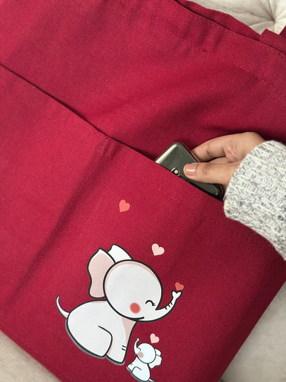 Horizontal: Elephant Maroon tote bag | Cotton Canvas