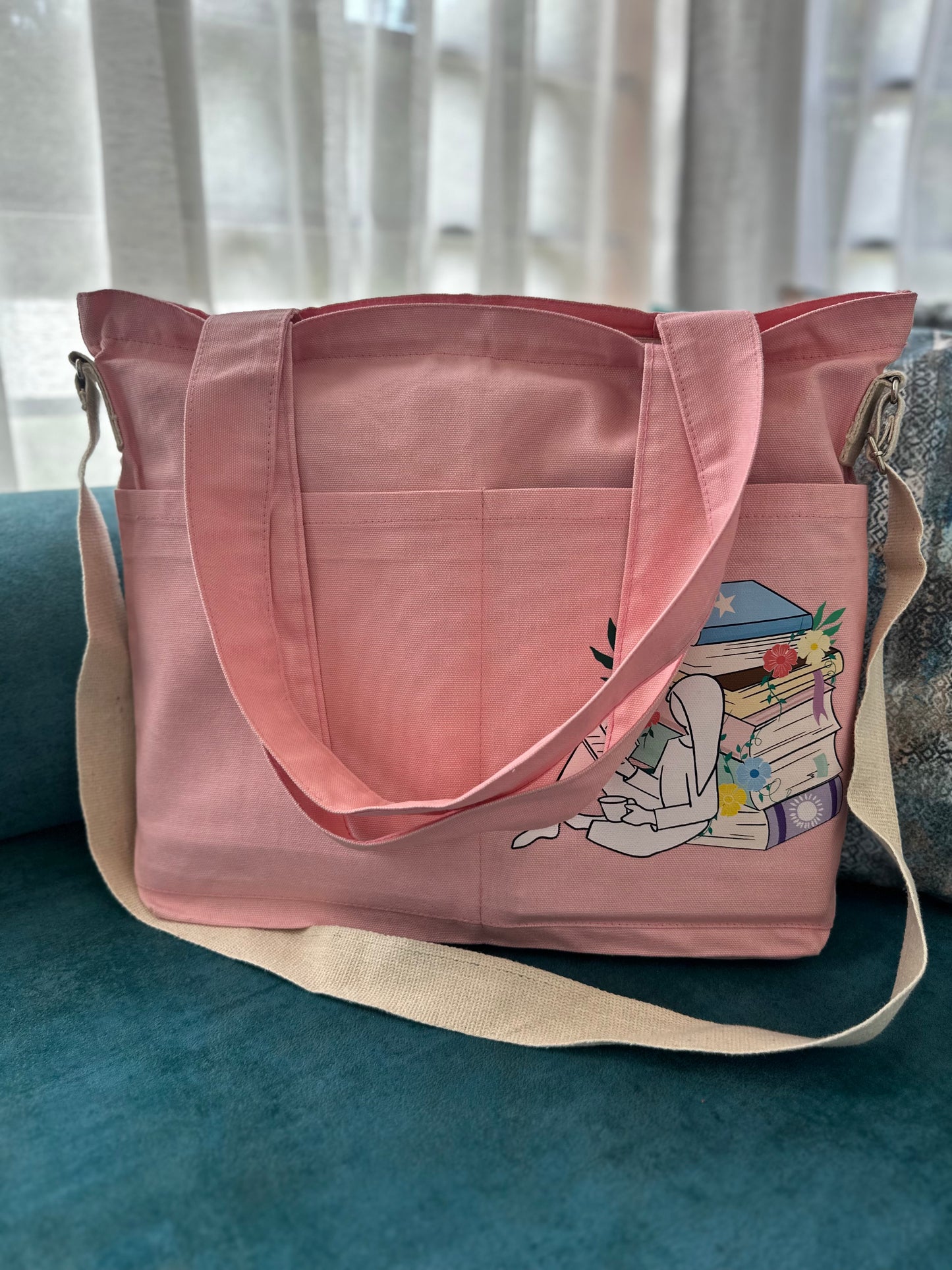 Light pink | Crossbody Library Horizontal tote bag | Cotton Canvas