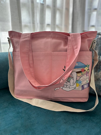 Light pink | Crossbody Library Horizontal tote bag | Cotton Canvas