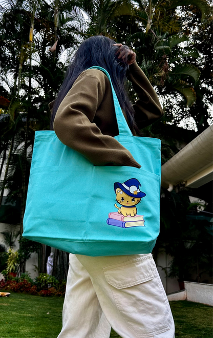 Horizontal: Magic cat baby blue |Tote bag | Cotton Canvas