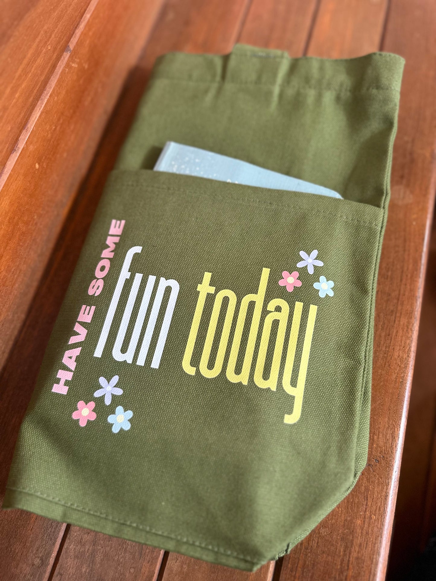 Cotton Canvas| Have some fun today |Olive green| Horizontal bag
