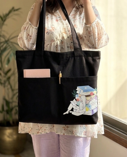 Black Horizontal Library Tote bag| Twill Cotton