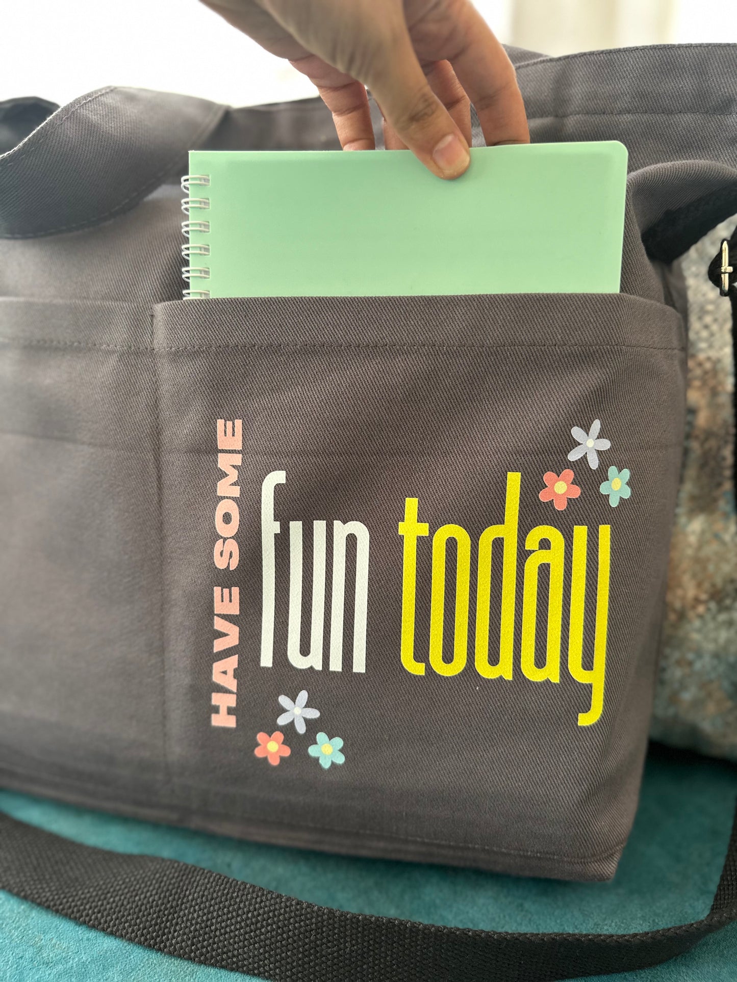Crossbody long strap Horizontal tote bags| Grey- have some fun