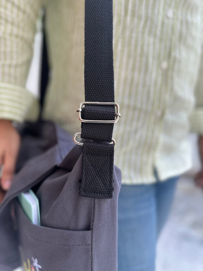 Crossbody long strap Horizontal tote bags| Grey- have some fun