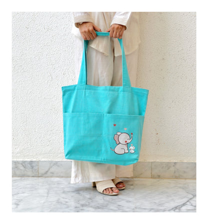 Baby blue Horizontal: Elephant Tote bag | Cotton Canvas