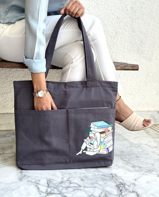 Grey Library Tote bag| Horizontal