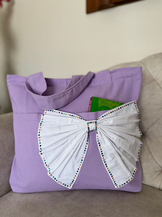 Big bow light purple Horizontal Tote bag | Cotton Canvas