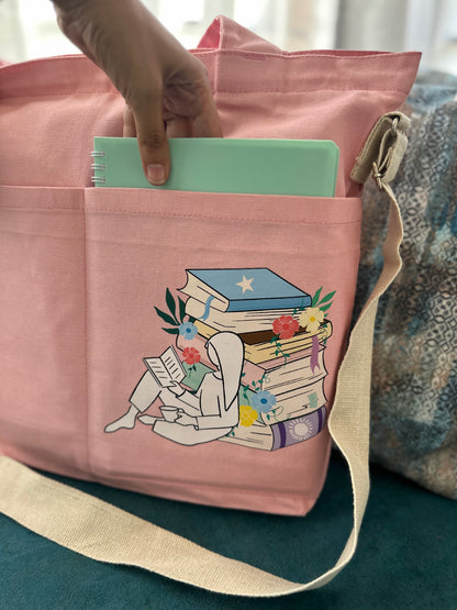 Light pink | Crossbody Library Horizontal tote bag | Cotton Canvas