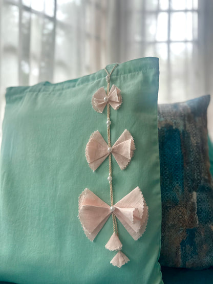 Pink bow vertical | sea green tote bag| Twill Cotton
