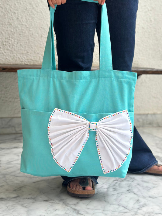 Big bow light blue Horizontal Tote bag | Cotton Canvas
