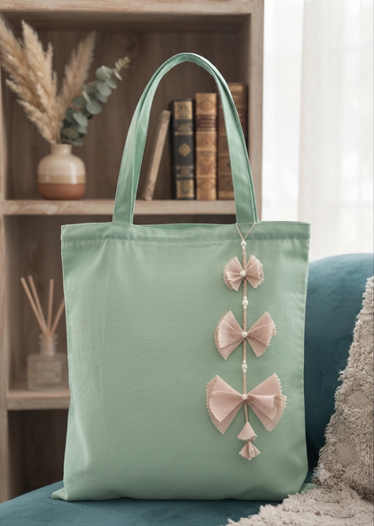 Pink bow vertical | sea green tote bag| Twill Cotton