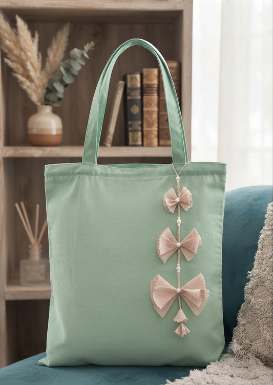 Pink bow vertical | sea green tote bag| Twill Cotton