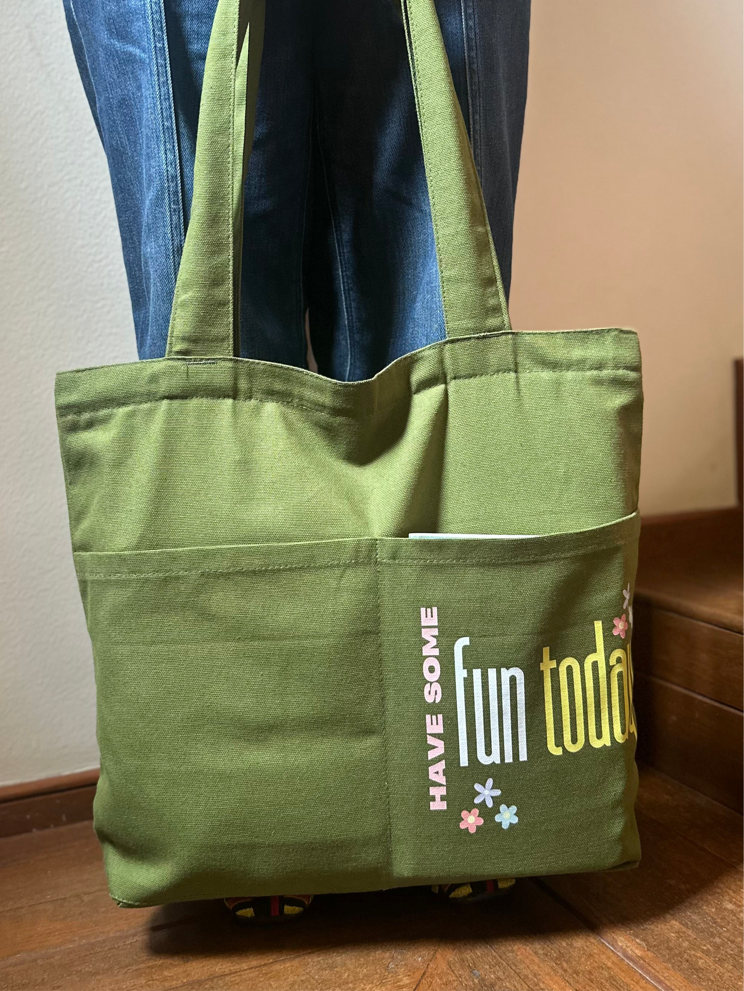 Cotton Canvas| Have some fun today |Olive green| Horizontal bag