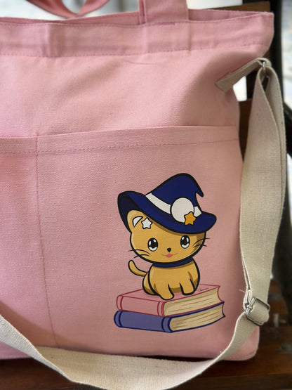 Cat | Light pink | Crossbody Horizontal tote bag | Cotton Canvas