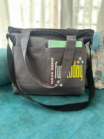 Crossbody long strap Horizontal tote bags| Grey- have some fun