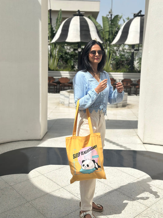 Sleeping  Panda vertical Tote bag | Yellow| Twill Cotton
